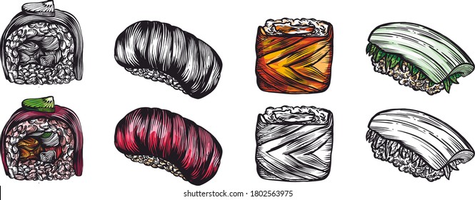 A large set of sketches of rolls and sushi in the artline style. High drawing of details and elements.Chinese sticks, wasabi, rolls, sushi, sashimi, ginger.