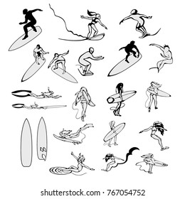 A large set of sketches of surfers in different dynamic poses. Vector image in style painted by hands.