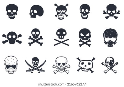Large set of skulls, bones and pirate symbols. 15 skull and bone silhouettes in one set. Skeletons