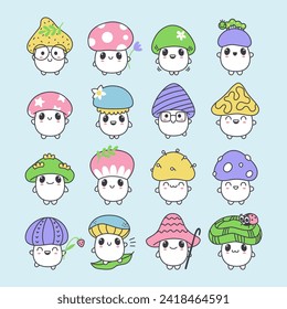 Large set of small kawaii mushrooms of different characters. Cute cartoon stickers. Vector isolated illustration