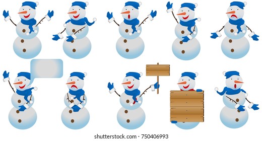 a large set of snowmen in a blue suit with different facial expressions