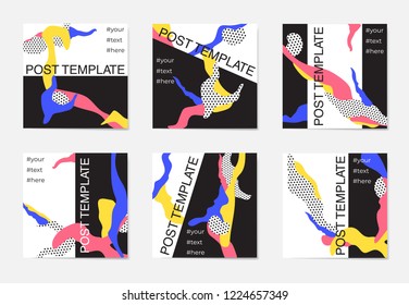 A large set of social media post templates. For personal and business accounts. Black background with stylish elements in three colors.