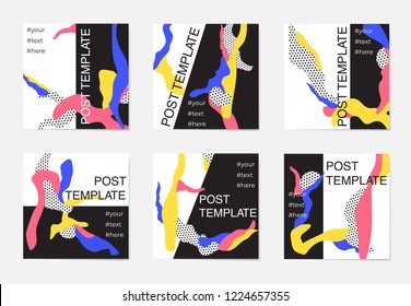 A large set of social media post templates. For personal and business accounts. Black background with stylish elements in three colors.