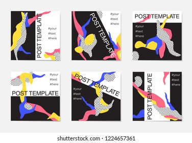 A large set of social media post templates. For personal and business accounts. Black background with stylish elements in three colors.