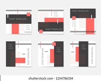 A large set for social media post templates. For personal and business accounts. White background with geometric elements in black and trendy coral colors.