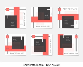 A large set for social media post templates. For personal and business accounts. White background with geometric elements in black and trendy coral colors.