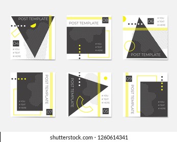 A large set for social media post templates. For personal and business accounts. White background with geometric elements in black and yellow colors.