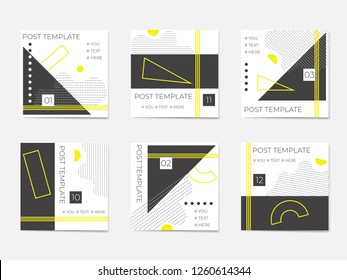 A large set for social media post templates. For personal and business accounts. White background with geometric elements in black and yellow colors.