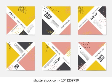 A large set for social media post templates. For personal and business accounts. White background with geometric elements and brush strokes with colorful spots. Promotion Brand  Stories. Streaming.