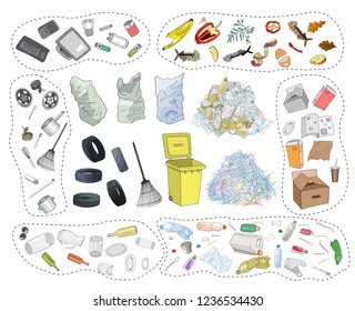 Large set of sorted garbage on white background. Hand drawn vector illustration. 