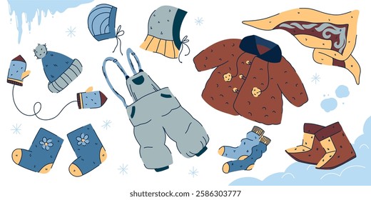 A large set of Soviet retro clothes for children, a fur coat, mittens, boots, a bologna jumpsuit 