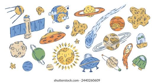 Large set of space illustrations with planets, stars and spaceships