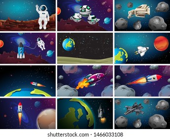 Gran conjunto de ilustraciones de escenas espaciales