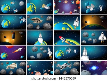 Large set of space scenes illustration