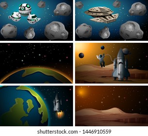 Gran conjunto de ilustraciones de escenas espaciales