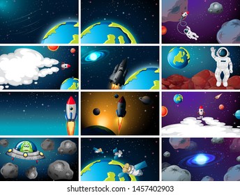 Gran conjunto de ilustraciones de escenas espaciales