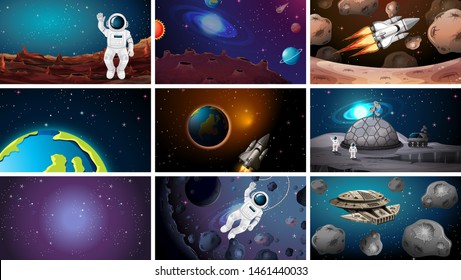 Large set of space scenes illustration