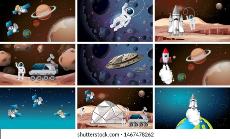 Gran conjunto de ilustraciones de escenas espaciales