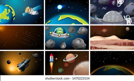 Large set of space scenes illustration