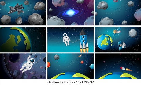 Large set of space scenes illustration