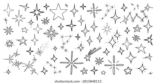 A large set of sparkling stars. Hand drawn vector doodle. Celestial body. Space, night sky. Bright wye. Constellation, galaxy. Heavenly cluster. Line art illustration.