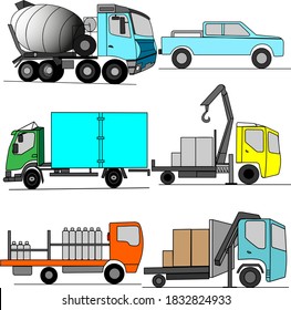 A large set of special machines multicolored.Truck,car,concrete mixer,gas bottle carrier truck,crane.Vector illustration