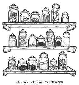 A large set of spices in a jar. Herb shelves. Sketch scratch board imitation.