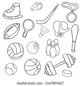 A large set of sports attributes, inventory, vector illustration on a white background, sketch line