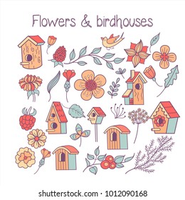 A large set spring clipart. Spring flowers, leaves, branches, birdhouses. Isolated on a white background.