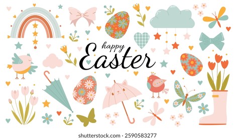 A large set of spring elements for Easter in delicate shades on a white background