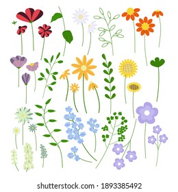 Large set of spring flowers with leaves. Isolated elements on a white background. For posters, greetings, cards and banners. Vector illustration. Flat style.