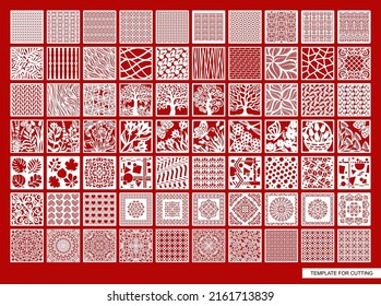 Large set of square panels. Abstract geometric pattern, floral motif or antique ornament. Vector template for laser cutting of metal lattice, wall painting, stencil, openwork napkin, wood carving, cnc