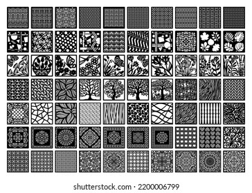 Große Auswahl an quadratischen Paneelen. Abstrakte geometrische Muster, Blumenmotive oder antike Ornamente. Vektorvorlage zum Laserschneiden von Metallgitter, Wandmalerei, Schablonenstift, Freilaufserviette, Holzschnitzerei, CNC