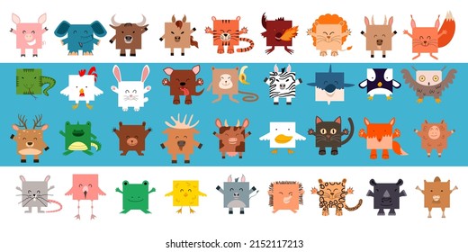 A large set of square-shaped animals. Vector illustration