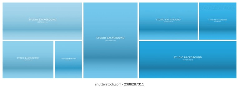 A large set of stage showcases, demonstration of products. Minimalist blue catwalk scenes. A collection of scene layouts. Vector EPS 10.