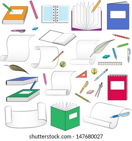 large set of stationery for school, office, paper and scrolls