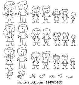 Large Set of Stick Figure People and Pets