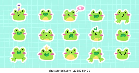 Large set with stickers with cute frogs. Funny hand-drawn style characters. Vector illustrations isolated on checkered blue background