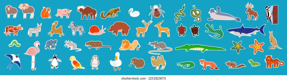 A large set of stickers with jungle, savannah and forest animals, birds, marine mammals, fish and insects