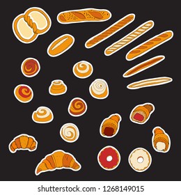 Large set of stickers or labels with bakery and sweets. Big vector collection. Hand drawn illustration. Isolate objects on white. 