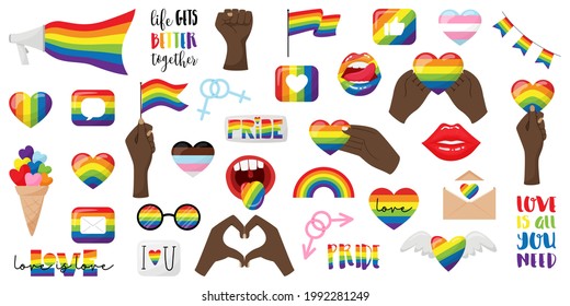 A Large Set Of Stickers On The Theme Of Pride Month, LGBTQ. Lips, Black Hand Holding Flag, Heart, Glasses, Lettering, Mouthpiece, Fist. LGBT Rainbow. Vector Illustration Isolated On A White Background