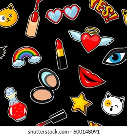 A large set of stickers, pins, patches in the cartoons of the 80's of the 90's in the style of comics. Elements of female make-up and life. Seamless pattern