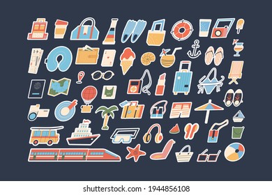 A large set of stickers with a summer vacation theme. Flat vector. 