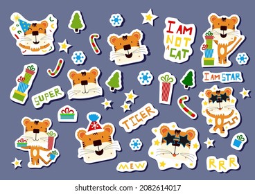 A large set of stickers with tiger faces. Lovely tiger cubs in hats and with gifts. Funny inscriptions, snowflakes and Christmas trees. Festive stickers with the symbol of the year.