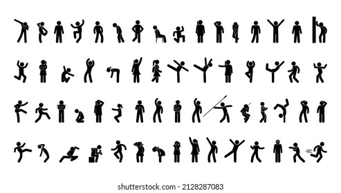 large set of stickman, various human poses and gestures, men and women icons, people stand, run, jump, dance and play sports