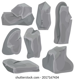 Un gran conjunto de piedras y adoquines de diferentes formas. La textura de la piedra. 3d visualización de rocas naturales. Ilustración vectorial para juegos, libros, sitio web. Estilo de dibujo de dibujos animados.