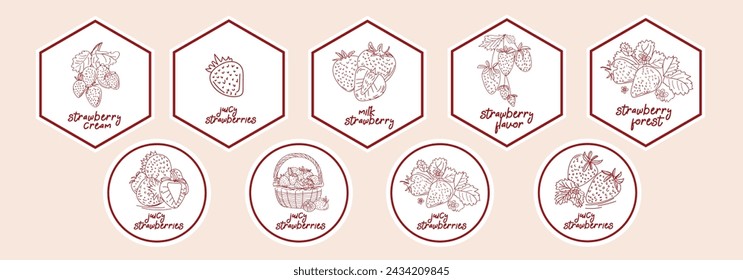 Large set of strawberry handmade illustration black, frame, logo, label, sticker, magnet, icon