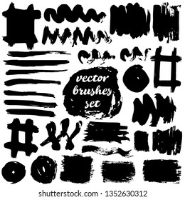 Large set of strokes, brushes. Isolated. Collection of black dirty elements