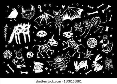 A large set in the style of the Gothic Princess. Unicorns and other magical creatures. Skeletons of unicorns. Illustrations for the Halloween party. Happy Halloween!