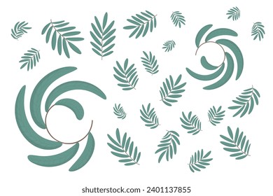 A large set of stylish green leaves in dynamics for design and creativity. Vector drawing